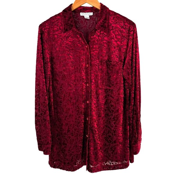 Saks Fifth Avenue Tops - Vintage Y2K Saks Garnet Red Velvet Burn Out Tunic Top Shirt Size Large